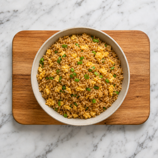 Finished egg fried rice with separate grains, scrambled egg, and spring onion