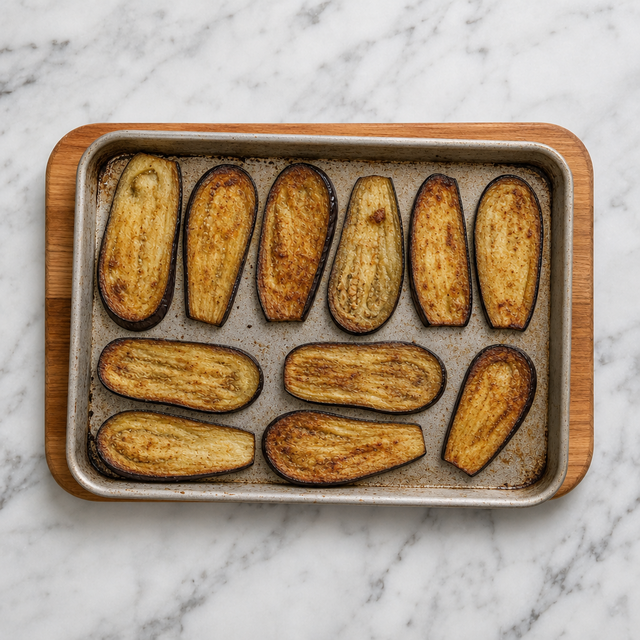 Roasted eggplant planks with browned edges on a baking sheet
