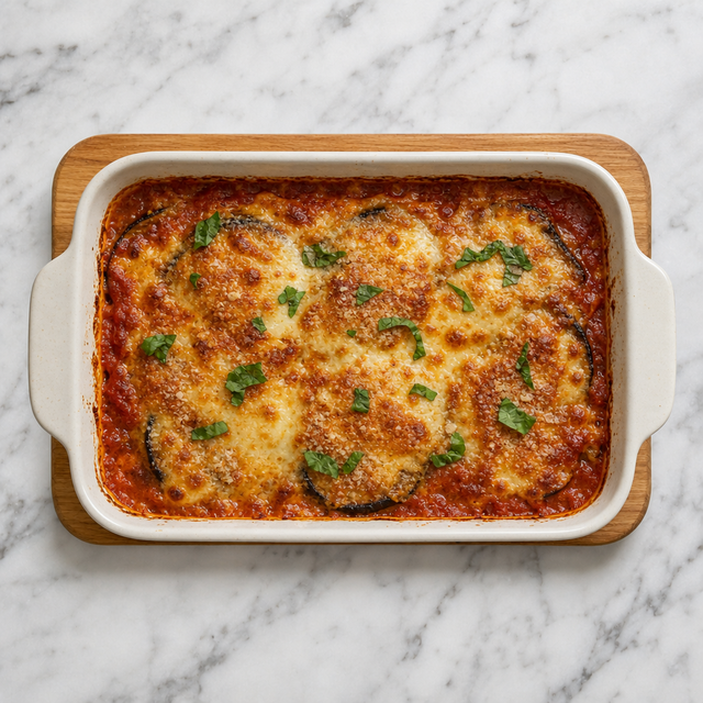 Golden bubbling Eggplant Parmigiana fresh from the oven