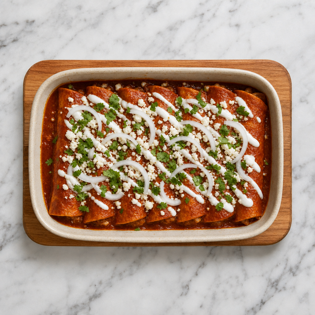 Enchiladas rojas topped with crema, queso fresco, onion, and cilantro
