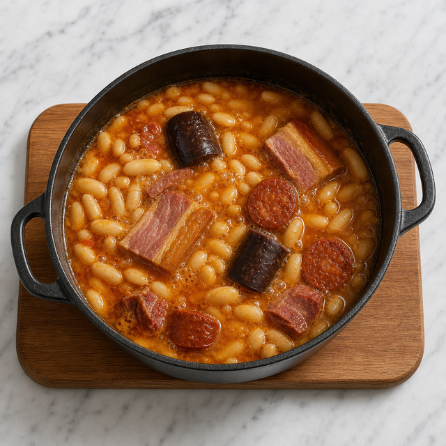 Fabada Asturiana gently simmering with white beans and Spanish cured meats