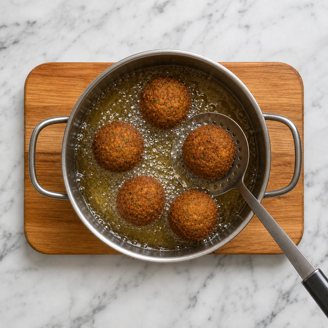 Golden falafel frying until crisp in hot oil