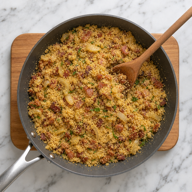 Cassava flour toasting with bacon and onions in a skillet
