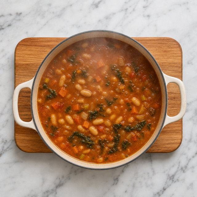 Fasolada simmering with white beans, tomato, carrot, and celery
