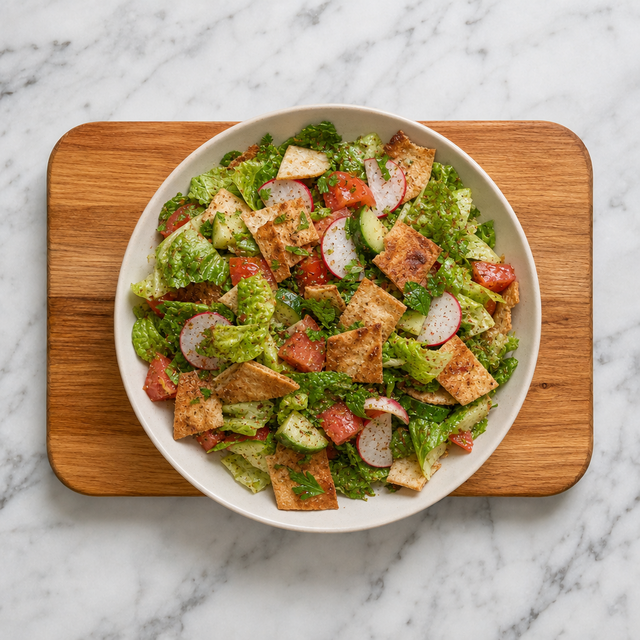 Finished fattoush salad with toasted pita and fresh herbs