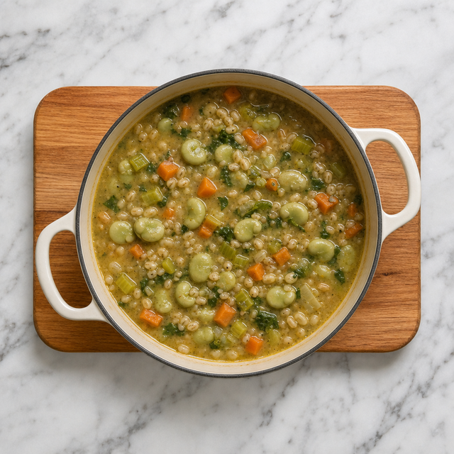 Fava bean soup simmering with barley and vegetables in a pot