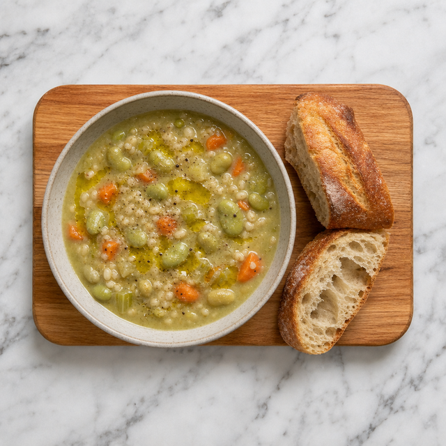 Rustic bowl of fava bean soup with barley, vegetables, and crusty bread