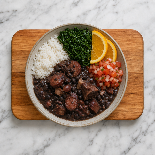 Feijoada served with rice, greens, orange, and tomato-onion relish