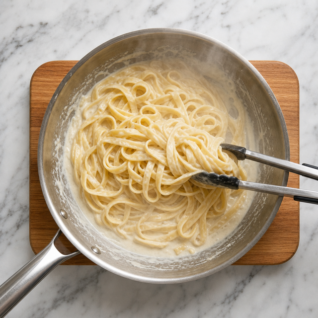 Hot fettuccine tossed with butter and cream in a skillet
