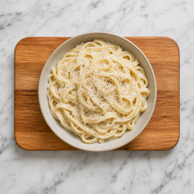 Bowl of creamy Fettuccine Alfredo topped with Parmesan and black pepper