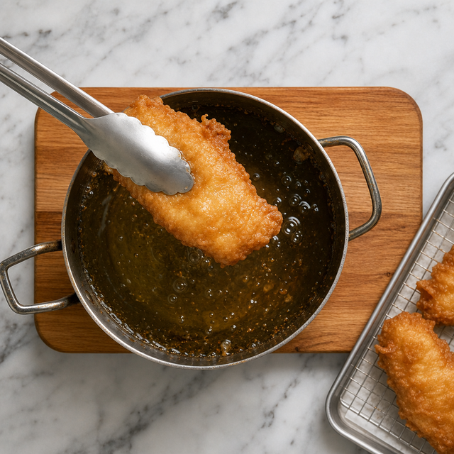 Golden battered cod draining after frying