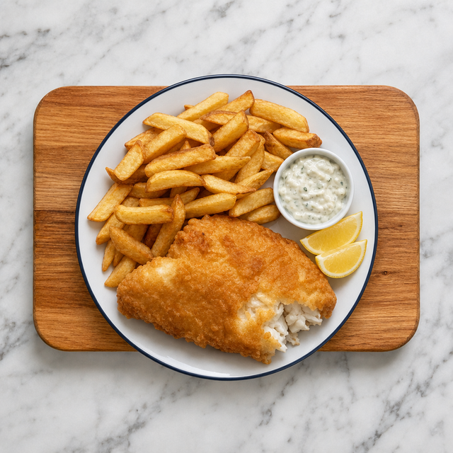 Fish and chips served with lemon and tartar sauce