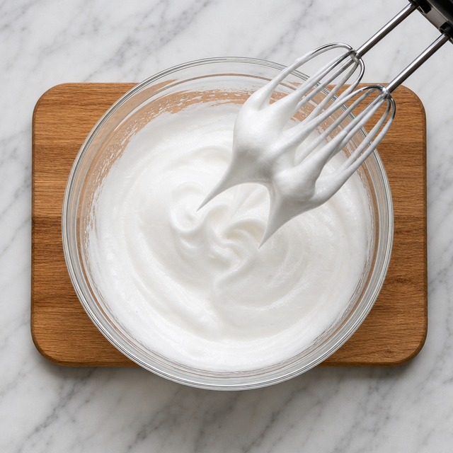Glossy meringue holding firm peaks