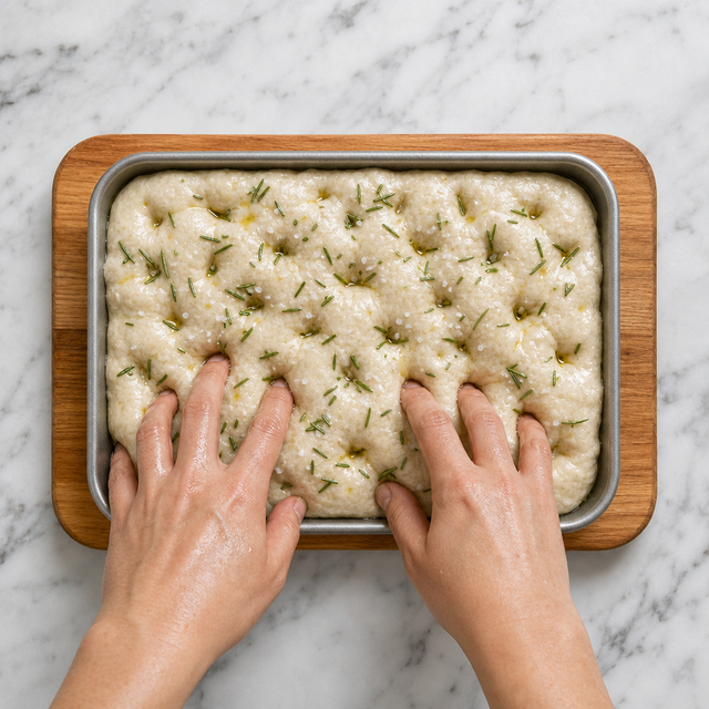 Dimpled focaccia dough topped with rosemary and flaky salt