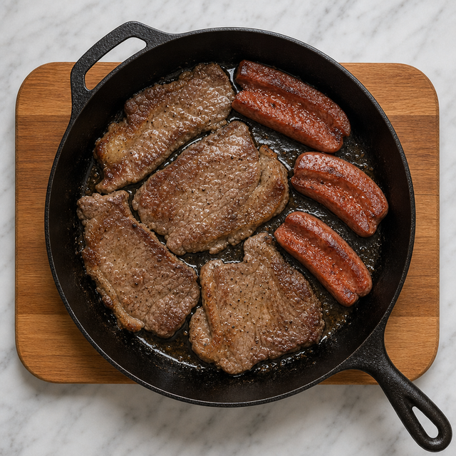 Beef steaks and split sausages seared until browned and cooked through