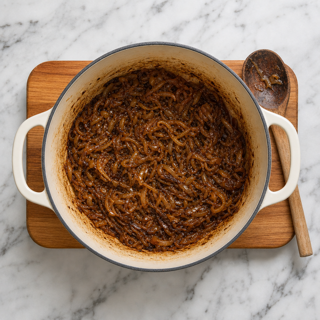 Deeply caramelized onions in a heavy pot