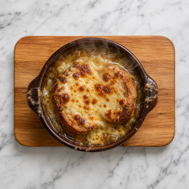 French onion soup with bubbling browned Gruyère
