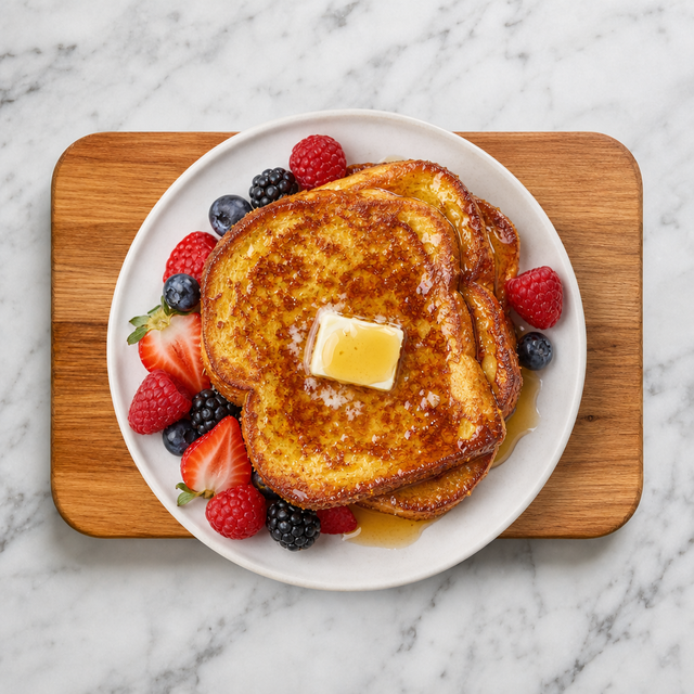 Stack of golden French toast with berries and maple syrup