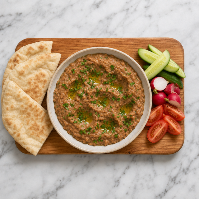 Finished Ful Medames topped with olive oil and parsley beside warm pita