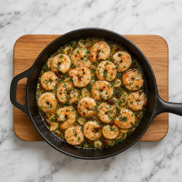 Cooked shrimp in glossy garlic and chile olive oil