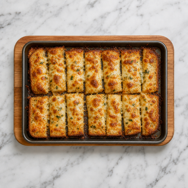 Baked garlic fingers with bubbling cheese and golden edges