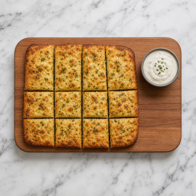Cheesy garlic fingers cut into strips and served with dipping sauce