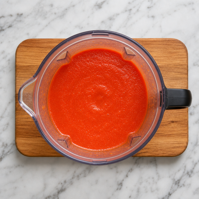 Fresh vegetables blended into a smooth red gazpacho