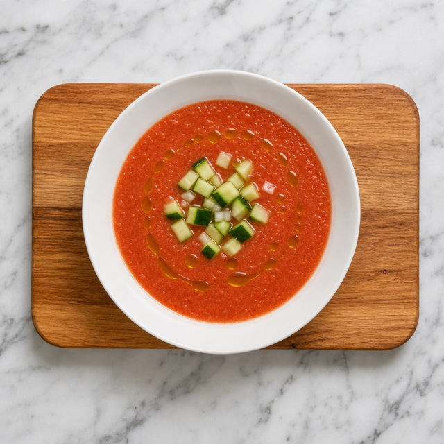 Chilled gazpacho garnished with cucumber and olive oil