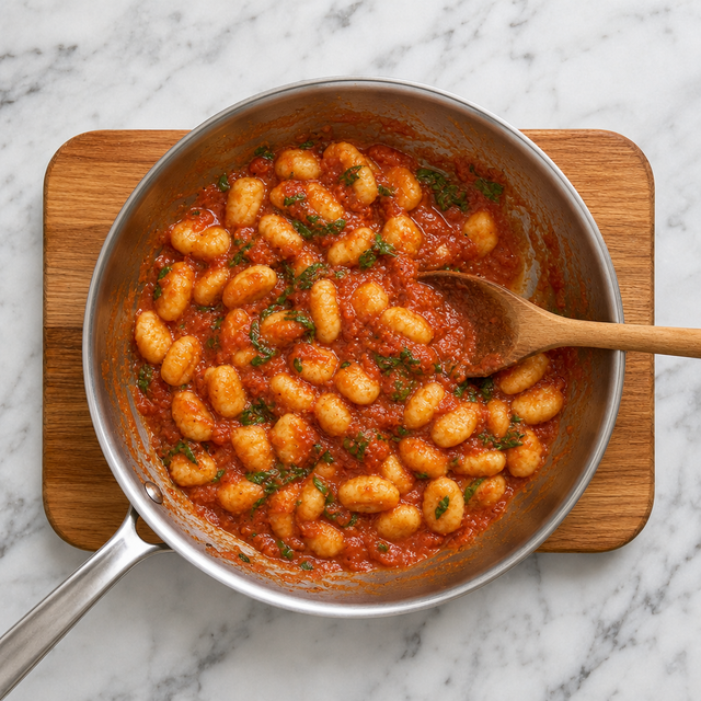 Gnocchi gently folded through glossy tomato and basil sauce