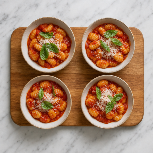 Gnocchi al pomodoro topped with Parmesan and fresh basil in a warm bowl