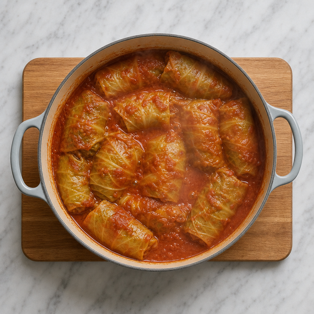 Gołąbki simmering in tomato sauce until tender