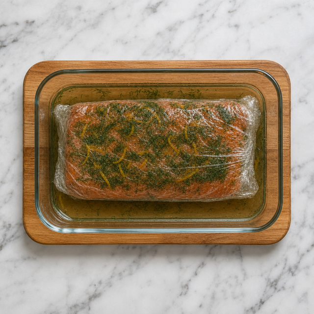Wrapped salmon fillet curing in a shallow dish with dill and orange zest