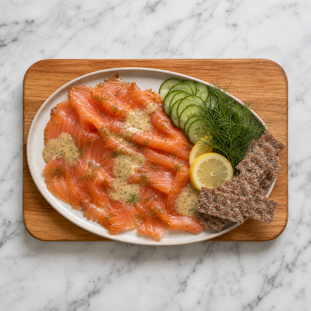 Thinly sliced gravlax arranged with mustard sauce, dill, lemon, cucumber, and crispbread