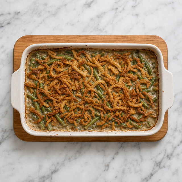 Golden bubbling green bean casserole ready to serve