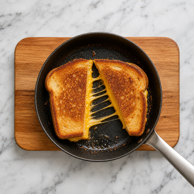 Golden grilled cheese sandwich with melted cheddar filling