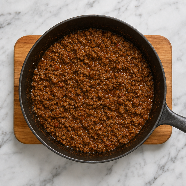 Glossy seasoned beef filling ready for tacos