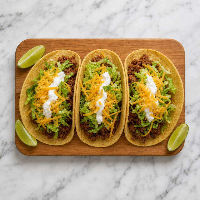 Ground beef tacos topped with lettuce, cheddar, sour cream, and lime