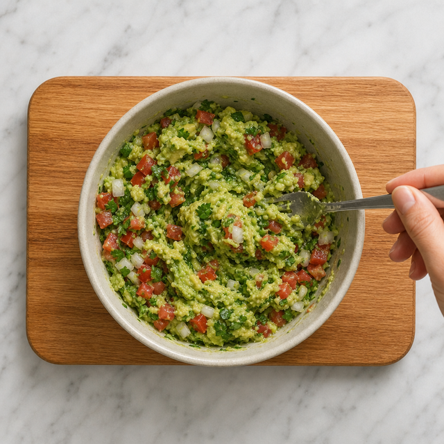 Chunky guacamole being folded with tomato, onion, jalapeño, and cilantro