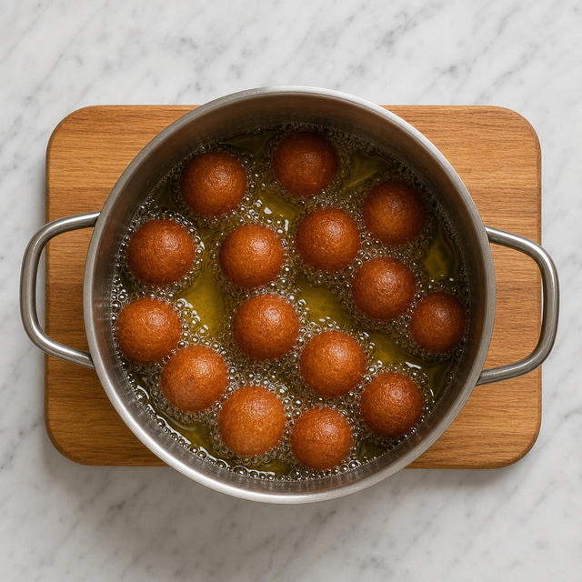 Gulab jamun frying to an even deep golden brown