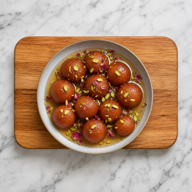 Glossy gulab jamun served in cardamom-rose syrup