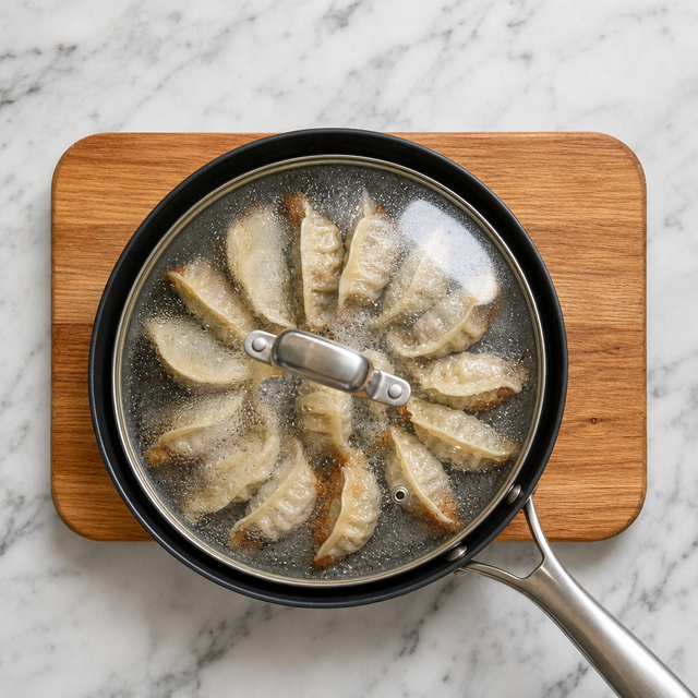 Gyoza steaming in a covered skillet