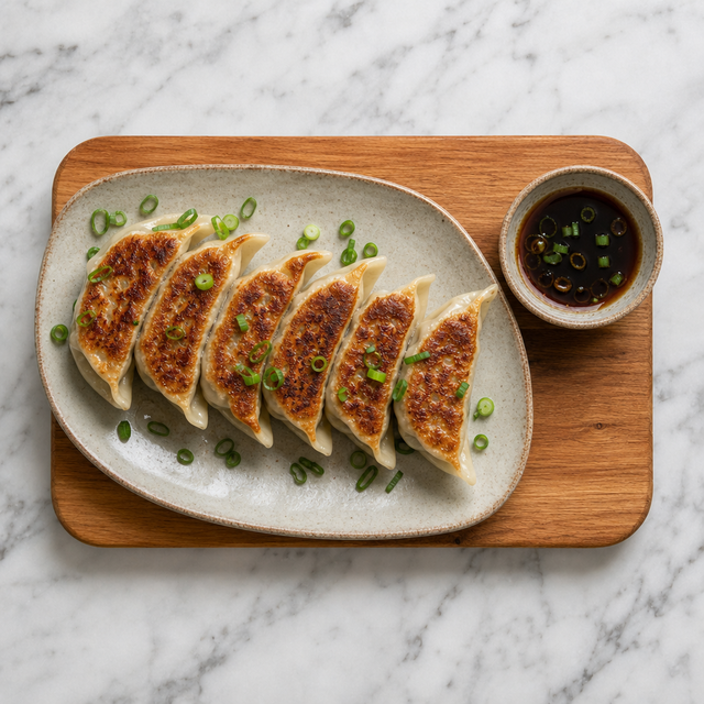 Crisp-bottomed gyoza served with dipping sauce