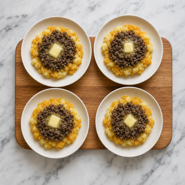 Haggis served with mashed swede and potatoes