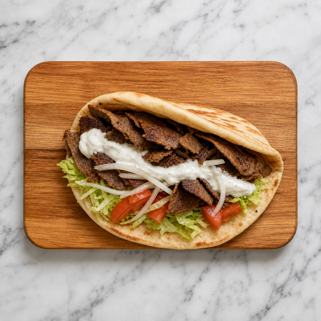 Halifax donair assembled in warm pita with beef, vegetables, and garlic sauce
