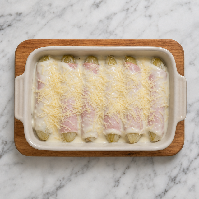 Ham-wrapped endives covered with béchamel and Gruyère