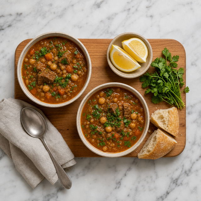 Bowls of finished Moroccan harira garnished with herbs and lemon wedges