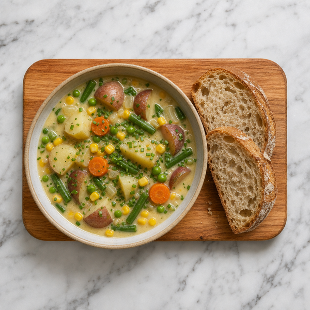 Bowl of creamy Canadian Hodge Podge summer vegetable soup topped with chives