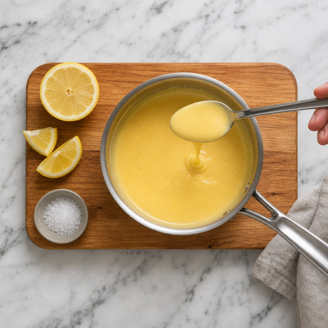 Finished glossy Hollandaise Sauce coating a spoon