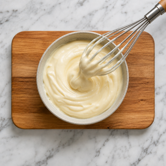 Glossy homemade mayonnaise holding soft peaks on a whisk