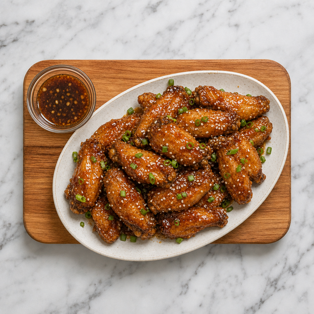 Honey garlic chicken wings served on a platter
